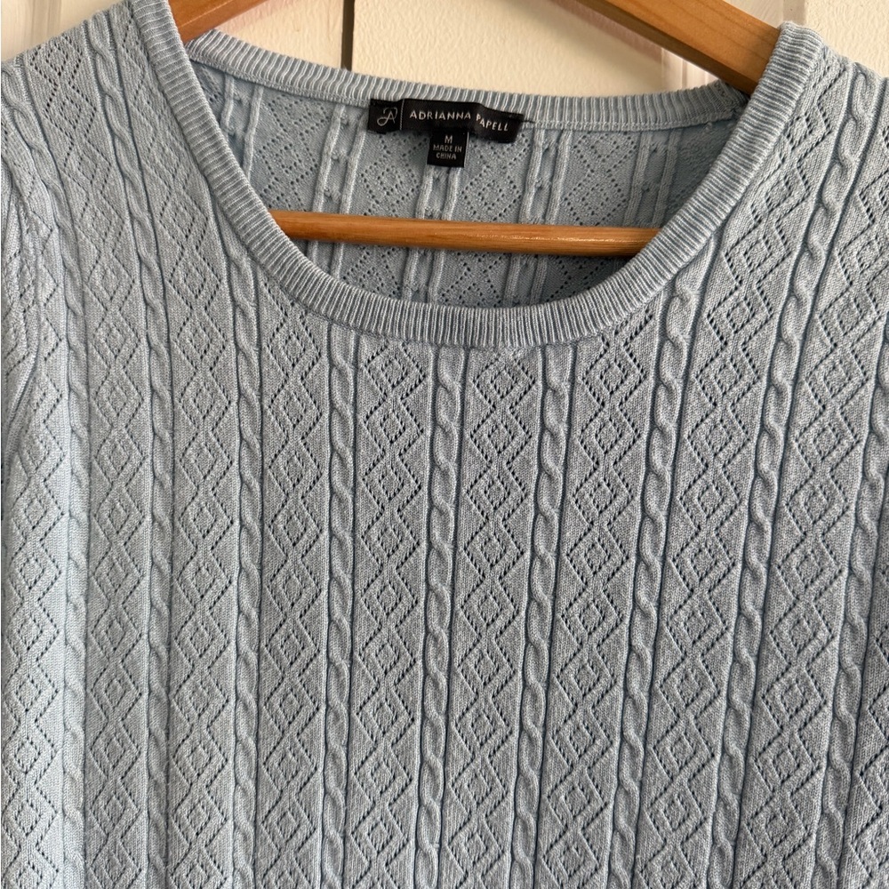 Adrianna Papell Light Blue Patterned Short Sleeve Thin Sweater Blouse - Picture 2 of 3